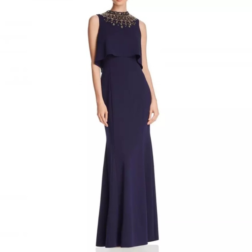 NWT AIDAN MATTOX HIGH NECK JEWELED COLLAR NAVY BLUE EVENING GOWN SIZE 6 SMALL